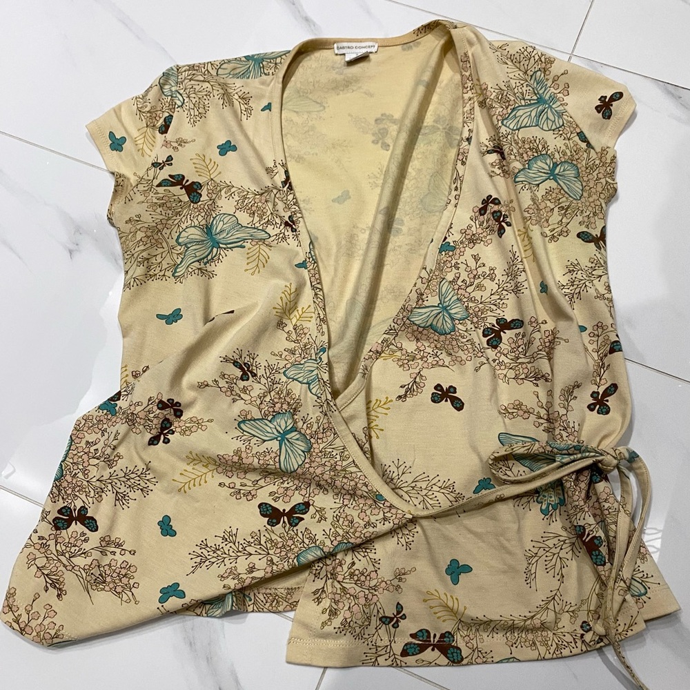 Cream and Green Wrap Blouse with Floral Print
